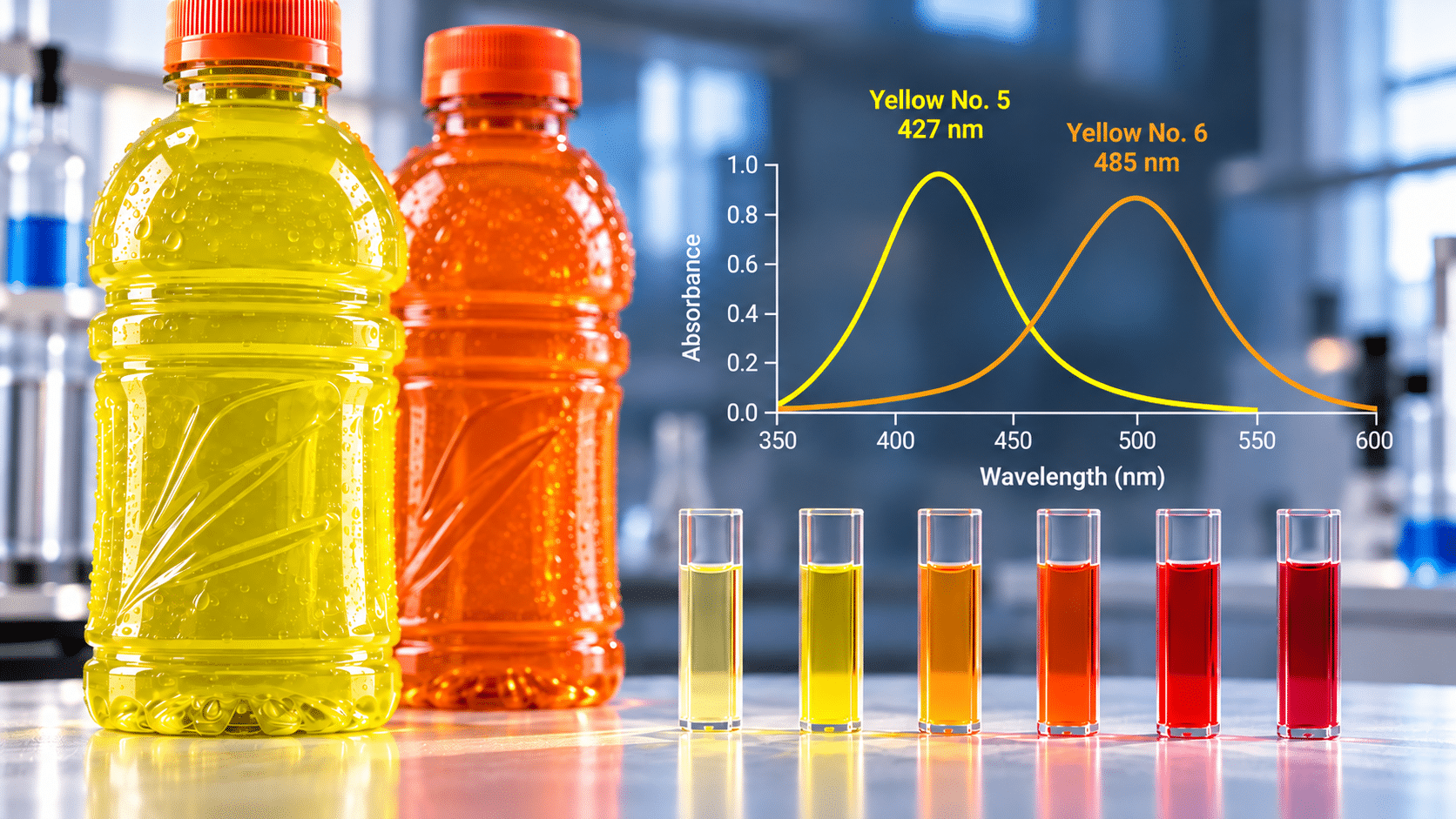 Yellow No. 5 and Yellow No. 6 absorbance spectra illustrated alongside sports drink bottles and laboratory cuvettes.